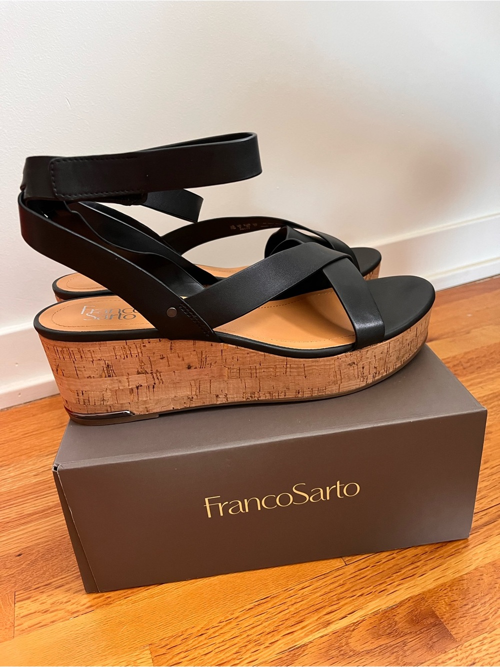 Franco Sarto Black Cork Platform Sandals
